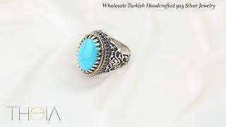 Authentic Turquoise Gemstone Oval Ring Ottoman Style Silver Men Ring Jewelry