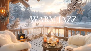 4K Morning Winter at Lakeside ❄️ Cozy Cafe Ambience with Soft Jazz \u0026 Fireplace for Relax and Study