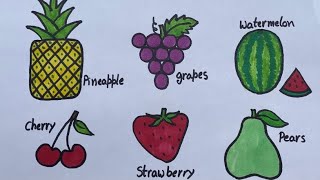 Easy fruits drawings for kids. Pineapple🍍, grapes🍇, cherry🍒, watermelon🍉, strawberry 🍓, pears🍐