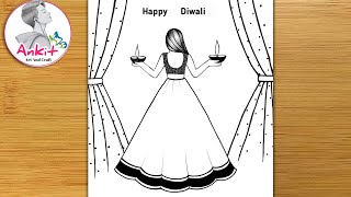 Beautiful Diwali Drawing Easy/Diwali Festival Scenery Drawing For Beginners /Diwali competition 2024