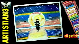 Beautiful moonlight scenery drawing with oil pastel step by step
