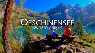 Spectacular Oeschinensee Switzerland 4K, bright blue water and impressive mountain peaks