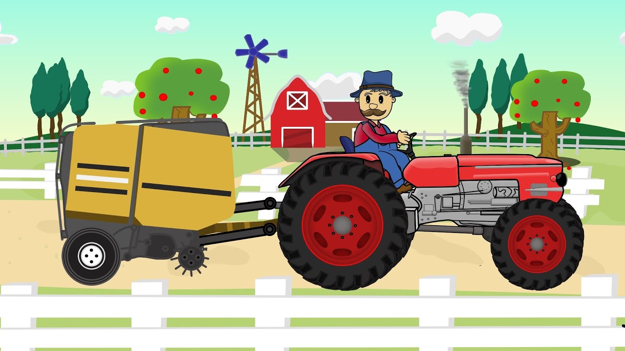 Farmer Farm Working And Rolling Straw Colorful Animated Tractors For