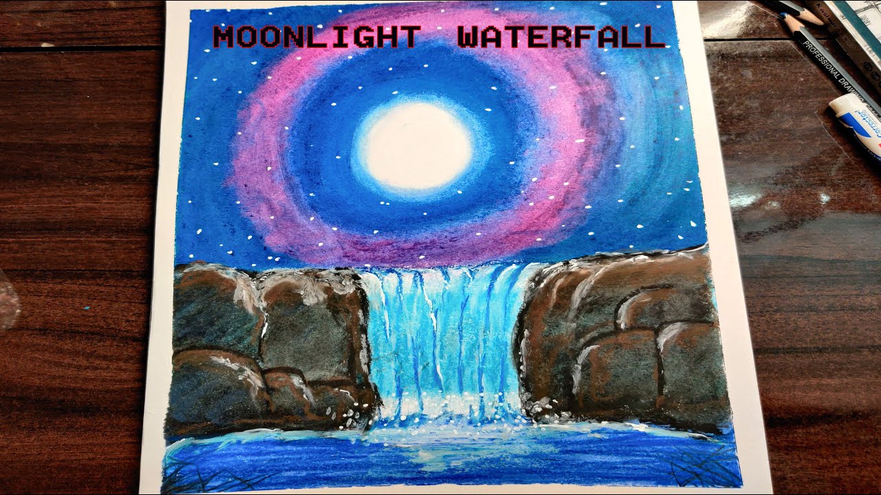 Moonlight Waterfall Scenery Drawing | Beginners With Oil Pastels ...