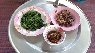 ปิ้งเขียด ลวกผัก แจ่วพริกดิบ กินข้าวเช้า = ກິນເຂົ້າເຊົ້ານຳກັນເດີ້