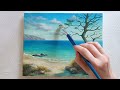 seascape with blossoming red tree acrylic painting step by step