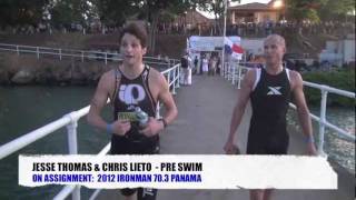 IRONMAN 70.3 Panama -  Race Morning Jesse Thomas and Chris Lieto walk to swim start