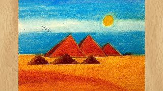 Draw Egyptian Pyramid with Oil Pastel I Pyramid Drawing Tutorial I Seven Wonders Series