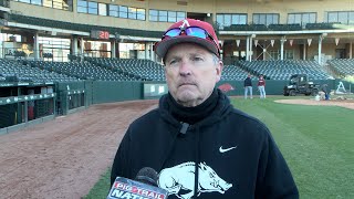 Dave Van Horn speaks to media after the Hogs' first scrimmage of the spring