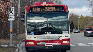 TTC Bus Ride Orion NG HEV 1328 134D Progress from Griffen Drive to STC