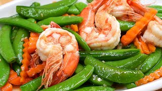 ผัดถั่วลันเตาหวานใส่กุ้ง ผักกรอบสีสดอร่อยทำง่าย Stir Fried Peas with Shrimp