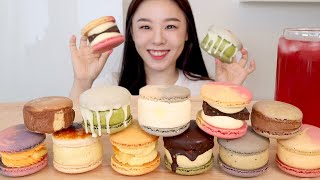 SUB) ASMR Macarons Mukbang 🍬 Giant Fat Macaron Dessert ❤️ Cream Bread Chocolate Green Tea Earl Grey