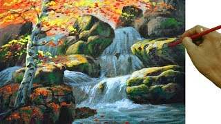 HOW TO PAINT Landscape with Autumn Birch Tree with Waterfalls in Acrylics