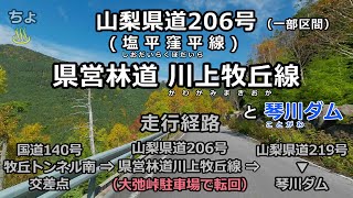 山梨県道206号(塩平窪平線)と県営林道川上牧丘線と大弛峠駐車場と琴川ダム湖畔遊歩道等の道路・遊歩道観察（走行経路(概要)：国道140号の牧丘トンネル南交差点⇒焼山峠⇒大弛峠駐車場⇒琴川ダム色々）