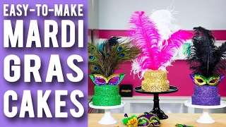 How To Make MARDI GRAS CAKES! Purple, Green & Gold Velvet Cakes With Festive Confetti & Feathers!