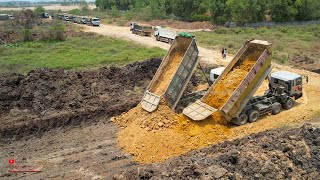 Wonderful KOMATSU Dozer Start New Making Road Soils ​Foundation In Muddy Space​ With Jobs Truck Team