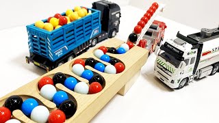 Marble Run Race ☆ HABA Slope \u0026 Retro Makita Truck, Excavator, Monster Truck, Dump Truck, Ambulances