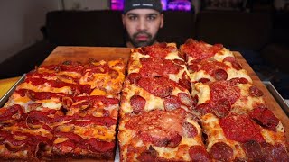 (ASMR NO TALKING) DETROIT STYLE DEEP DISH PIZZA AMSR MUKBANG