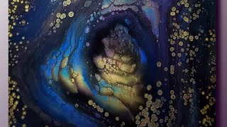 Midnight Magic!  24x24  Beautiful Straight Pour with Floating GoldenCells on a Blue \u0026 Violet cloud!