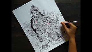 Goddess Lakshmi Line art drawing -step by step How to draw lord Laxmi /Laxmi puja/Diwali drawing
