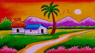 simple village scenery drawing||Beautiful nature Drawing||