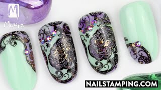 Stamping nail art with lace pattern and gold shine (nailstamping.com)