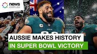 Jordan Mailata makes NFL history by becoming the first Aussie to play in and win Super Bowl