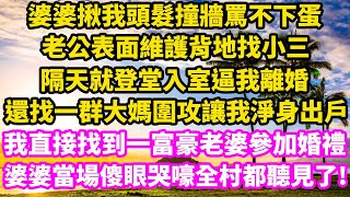 婆婆揪我頭髮撞牆罵不下蛋，老公表面維護背地找小三，隔天就登堂入室逼我離婚，還找一群大媽圍攻讓我淨身出戶，我直接找到一富豪老婆參加婚禮，婆婆當場傻眼哭嚎全村都聽見了!