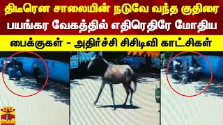 திடீரென சாலையின் நடுவே வந்த குதிரை... பயங்கர வேகத்தில் எதிரெதிரே மோதிய பைக்குகள்