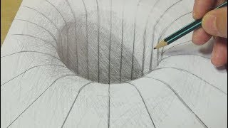 Drawing with Graphite Pencil - Round Hole Illusion - Trick Art on paper
