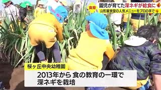 園児が育てた深ネギで山形屋名物「焼きそば」給食　鹿児島市（2023.1.31）