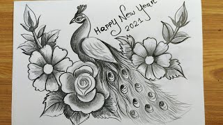 happy new year card 2021,how to make new year greeting card,easy peacock drawing,new year card ,