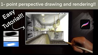 How to draw kitchen in 1-point perspective? | Procreate Tutorial #art #interiordesign