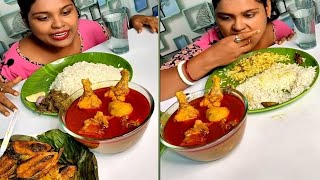 spicy chicken curry,hilsa fish paturi,and rice.. #mukbang