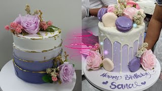 Purple colour cake decore ideas with artificial flowers