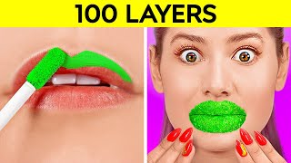 100 LAYERS CHALLENGE! Best 100+ Coats of Makeup, Nails, plasters, Lipstick by 123 GO! CHALLENGE