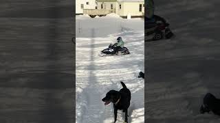 Polaris 120 kids snowmobile putting around backyard. Great Christmas gift!