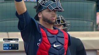 ATL@NYM: Pierzynski's throw ends up in left field