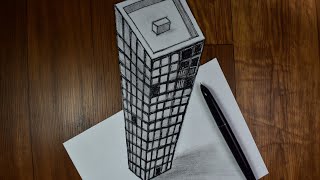 Drawing 3D Skyscraper On Paper | How To Draw a Big  Building Illusion