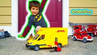 SURPRISE Toy Unboxing | Bruder Trucks DHL Sprinter + Forklift | JackJackPlays