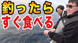 【釣りよかコラボ】デブが船の上で釣った魚をすぐ捌いて食べたら絶品だった！