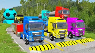 Double Flatbed Trailer Truck vs Speedbumps Train vs Cars | Tractor vs Train Beamng.Drive