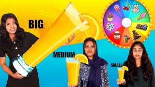 MYSTERY WHEEL FOOD CHALLENGE WITH BIG MEDIUM SMALL GLASS 🤩| EXTREME FUNNY FOOD CHALLENGE | PULLOTHI