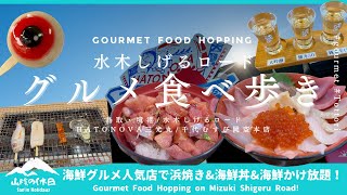 [Sakaiminato Gourmet] Walking through Mizuki Shigeru Road! Enjoying Hamayaki, seafood bowls.