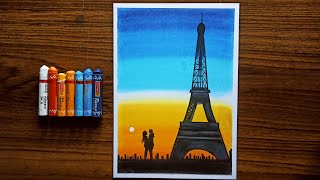 Eiffel Tower sunset scenery Drawing with Oil Pastels - Step By Step