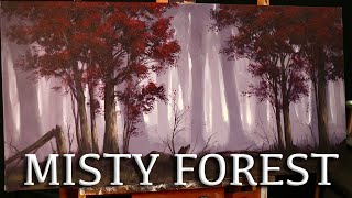 Painting a Misty Forest with red foliage in acrylic, time lapse artwork with artist Tim Gagnon trees
