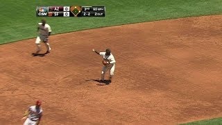 ARI@SF: Sandoval dives and throws for the out