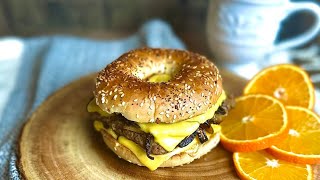 Steak and Crispy Onion Bagel Breakfast Sandwich