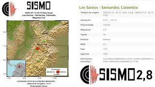 ULTIMO SISMO TEMBLOR EN COLOMBIA MAGNITUD 2.8  LOS SANTOS SANTANDER 12-7-2020