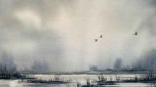 How to Paint a Big Sky with Lots of Light, with Simple Wetlands and Canada Geese in Watercolor